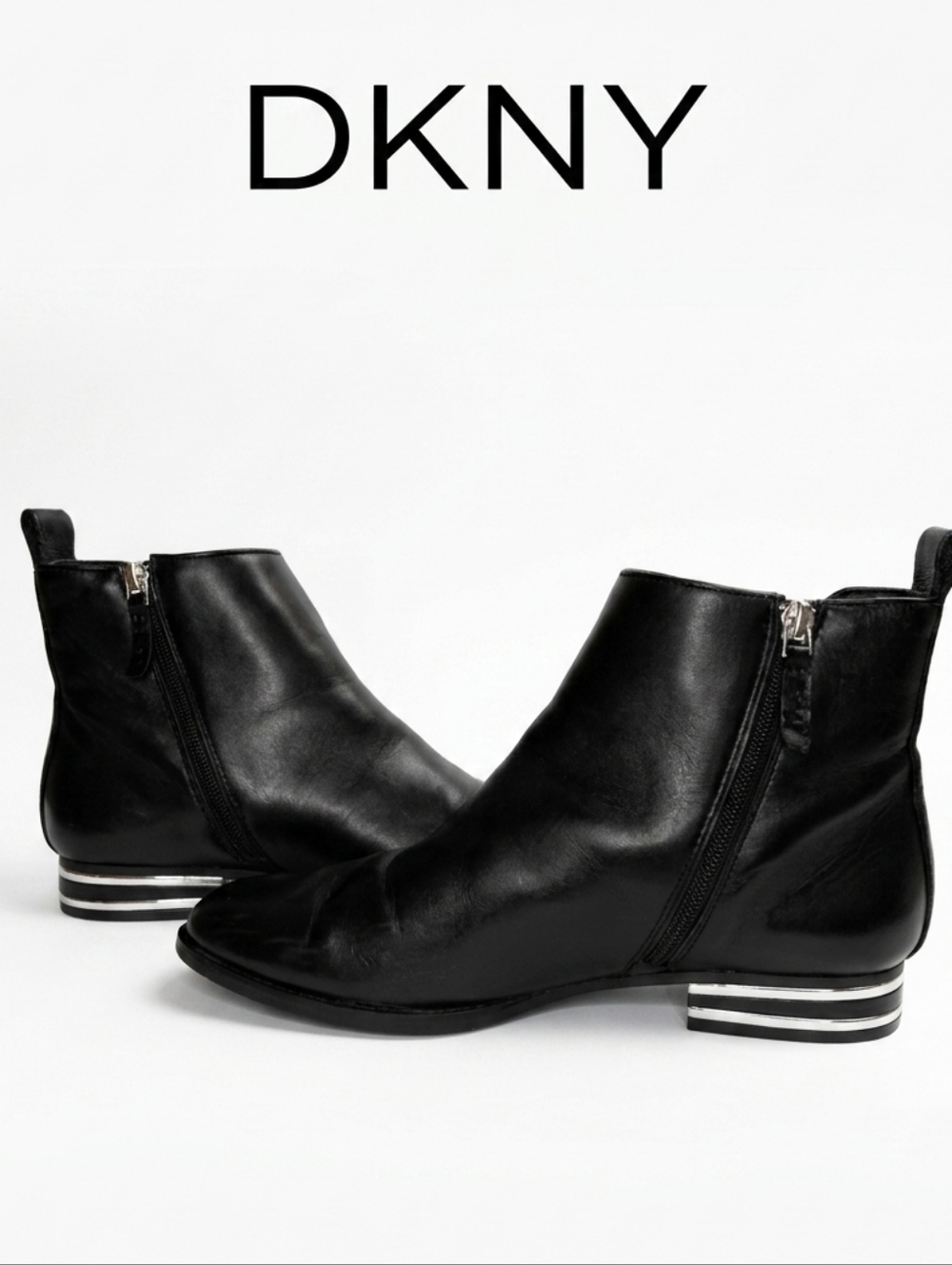 DKNY Women Ankle Boots Size 9 Black Leather Silver Stripe Heel Logo Zip